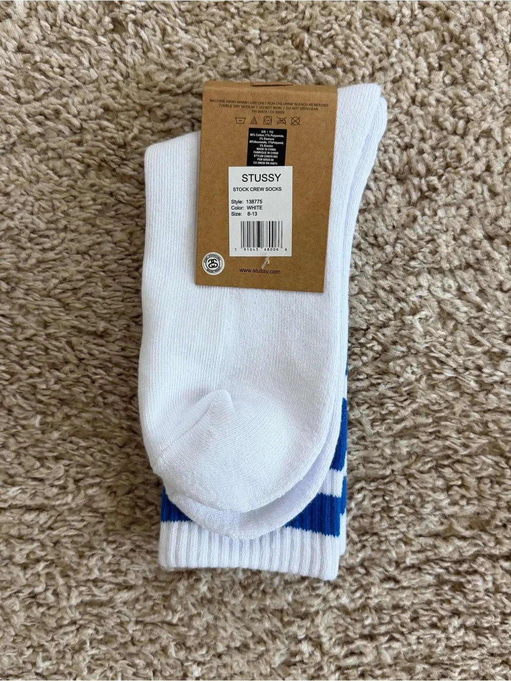 Stussy White Crew Socks with Blue Stripes